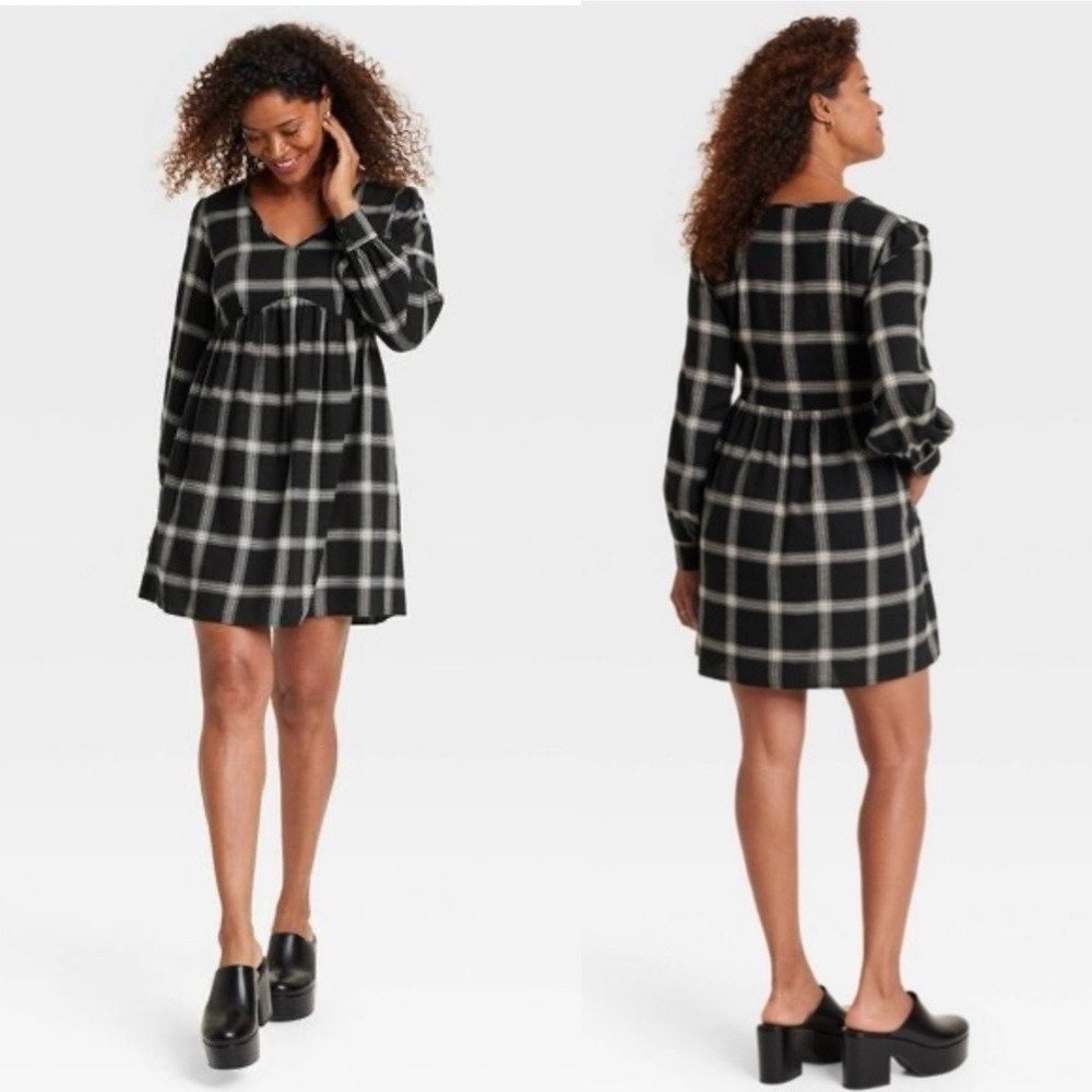 Knox Rose Babydoll Dress Black White Plaid Long Sleeve V-Neck Pockets XL